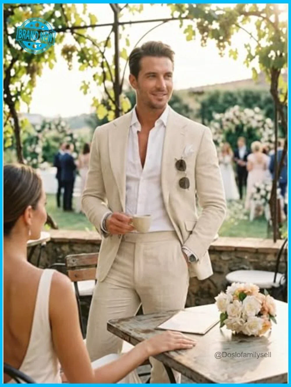 Linen Suit Slim Fit Summer Wedding Prom Party Blazer Pants Classic Elegant